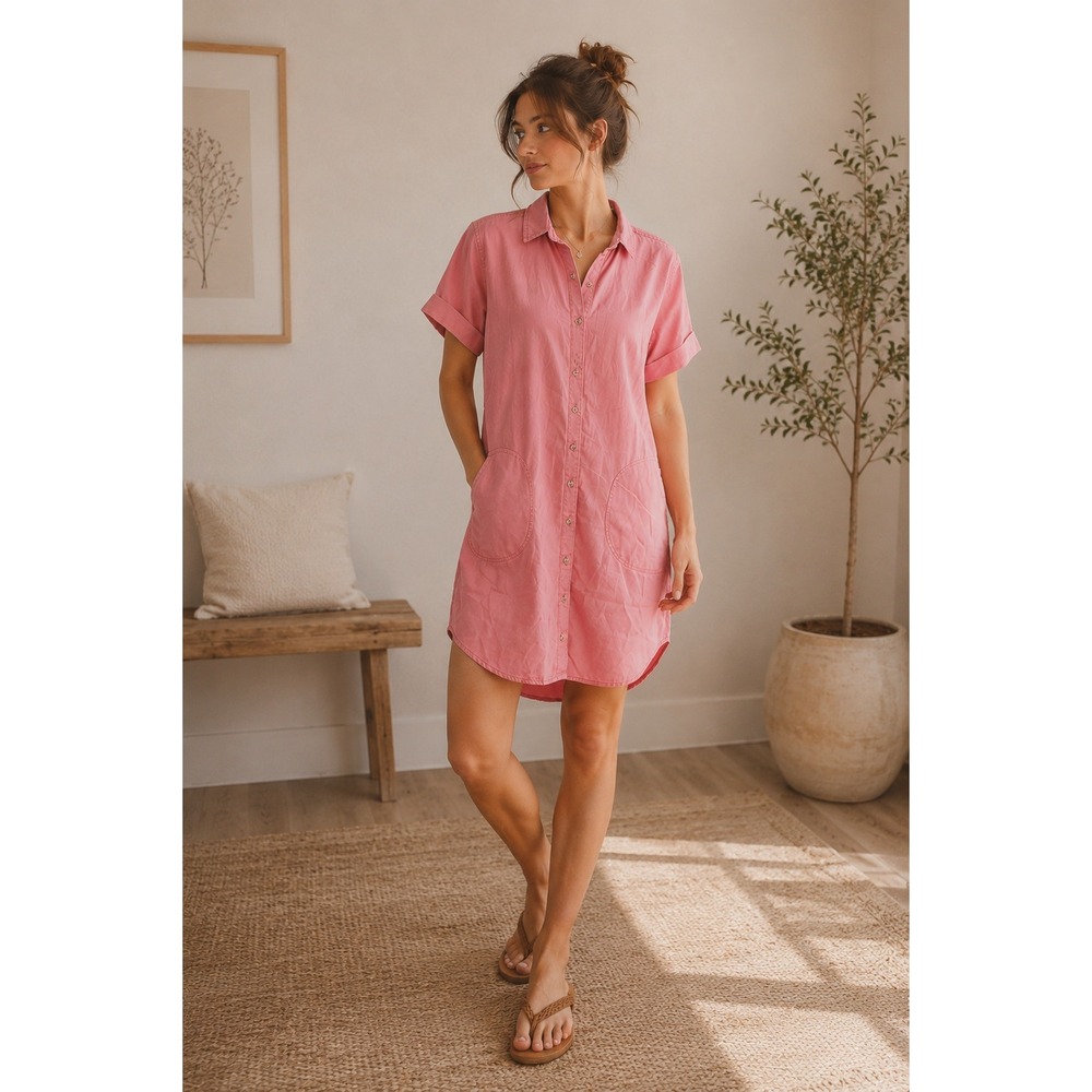 Clean Girl Euro Summer Dusty Pink Shirt Dress Lyocell Casual Resortwear Size M